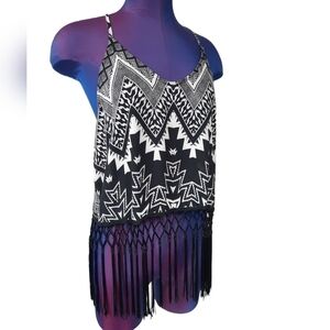 ASTR Black & White Chevron Racerback Tank Top Macrame Fringe Size Medium Women's